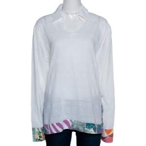 Pre Owned Just Cavalli White Textured Cotton Printed Trim Tunic Top M