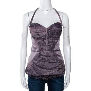 Pre Owned Just Cavalli Mauve Satin Gathered Mesh Detail Halter Blouse M