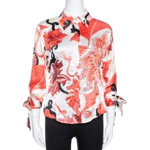 Pre Owned Just Cavalli Red Floral Shimmer Print Silk Satin Blouse M