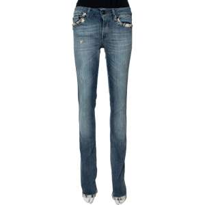 Just Cavalli Light Wash Denim Lace Trim Detail Straight Fit Jeans S