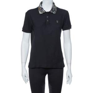 Pre Owned Just Cavalli Black Cotton Sequin Embellished Collar Detail Polo T Shirt M