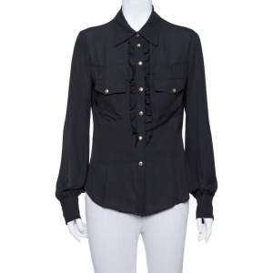 Pre Owned Just Cavalli Black Crepe Ruffle Detail Button Front Shirt L