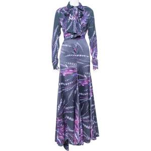 Pre Owned Just Cavalli Navy Blue Abstract Printed Silk Top & Satin Maxi Skirt M