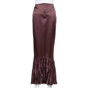 Pre Owned Just Cavalli Burgundy Satin Ruffled Fitted Maxi Skirt M