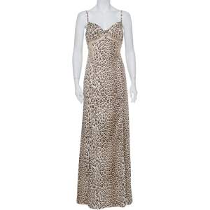 Pre Owned Just Cavalli Beige Animal Printed Satin Mesh Detail Maxi Dress L