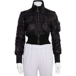 Pre Owned Just Cavalli Black Synthetic Quilted Cropped Bomber Jacket M