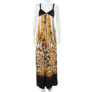 Just Cavalli Black & Gold Printed Silk Glittered Open Back Maxi Dress M