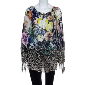 Just Cavalli Multicolor Floral & Animal Printed Silk Tunic M