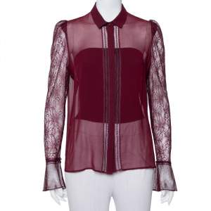 Pre Owned Just Cavalli Burgundy Silk Lace Detail Button Front Shirt M