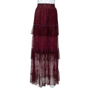 Just Cavalli Burgundy Lace Tiered Paneled Maxi Skirt M