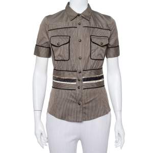 Pre Owned Just Cavalli Brown Striped Cotton Fitted Waist Detail Shirt S
