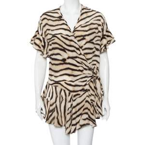 Just Cavalli Beige Animal Printed Silk Ruffled Mini Wrap Dress S