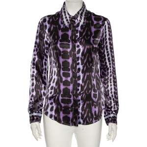 Pre Owned Just Cavalli Purple Leopard Print Silk Button Front Shirt M