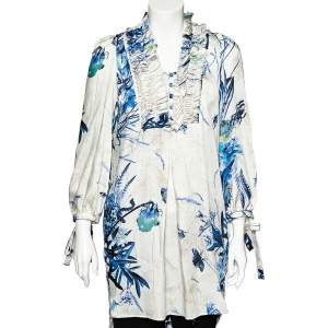 Just Cavalli White Floral Printed Ruffle Neck Detail Tunic M