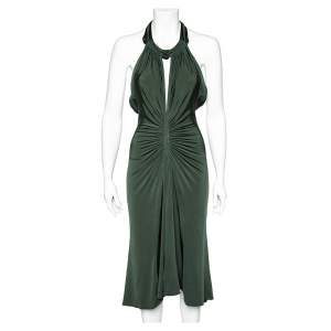 Pre Owned Just Cavalli Forest Green Jersey Ruched Halter Neck Midi Dress S