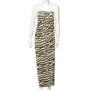 Pre Owned Just Cavalli Beige Animal Striped Jersey Draped Strapless Dress S