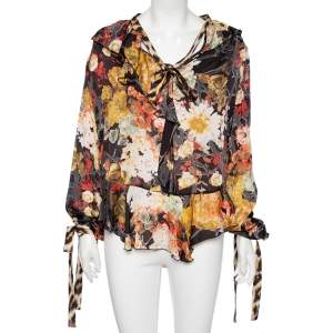 Pre Owned Just Cavalli Multicolored Printed Silk Pleated Detailed Blouse L 
