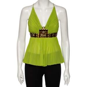 Pre Owned Just Cavalli Green Silk Embellished Pleated Top S 