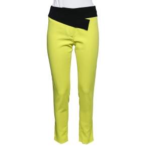 Just Cavalli Neon Yellow Crepe Contrast Waist Detail Tapered Leg Trousers S