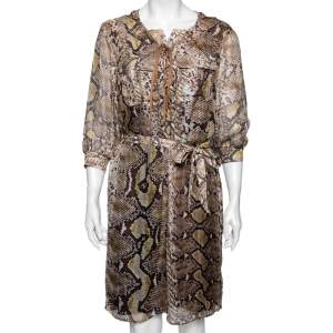 Just Cavalli Brown Animal Print Silk Knit Lace-Up Detail Belted Dress M