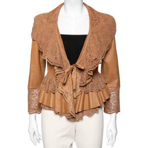 Pre Owned Just Cavalli Brown Leather Lasercut Detail Shrug M