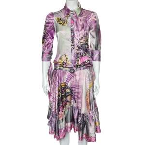 Just Cavalli Multicolor Printed Silk Belted Ruffled Hem Dress S