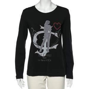 Just Cavalli Black Printed Cotton Knit Long Sleeve T-Shirt XL