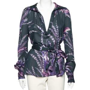 Pre Owned Just Cavalli Purple Feather Printed Silk Neck Tie Detail Blouse M
