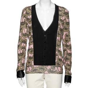 Pre Owned Just Cavalli Pink & Gold Printed Jersey Pintuck Detailed Top L