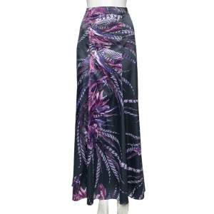 Pre Owned Just Cavalli Purple Feather Print Satin Maxi Skirt L