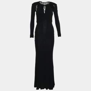 Pre Owned Just Cavalli Black Jersey Lace Panel Long Sleeve Flared Hem Dress S