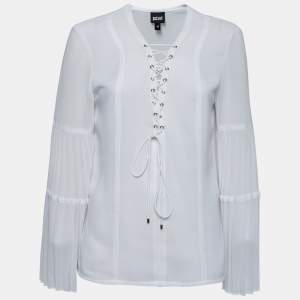 Just Cavalli White Crepe Lace-Up Detail Flute Sleeve Blouse M