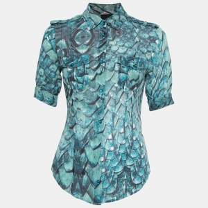 Just Cavalli Vintage Blue Printed Silk Button Front Short Sleeve Shirt M