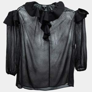 Just Cavalli Black Printed Chiffon Ruffle Trimmed Cold Shoulder Blouse M