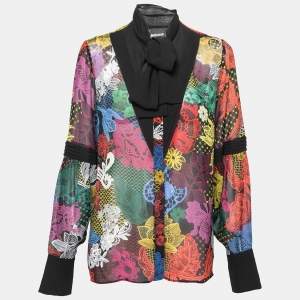 Pre Owned Just Cavalli Multicolor Printed Silk Neck Tie Detail Button Front Blouse M