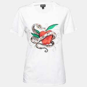 Just Cavalli White Cotton Crystal Embellished Crew Neck T-Shirt S
