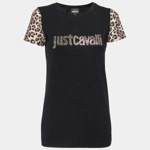 Just Cavalli Black Logo Embellished Cotton Contrast Sleeve T-Shirt M