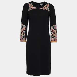 Pre Owned Just Cavalli Black Floral Flock Print Crepe Sheath Dress M