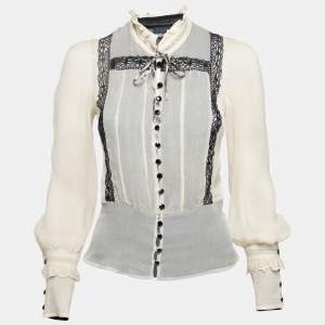Pre Owned Just Cavalli Cream Silk Chiffon Lace Inset Ruffle Trimmed Blouse S