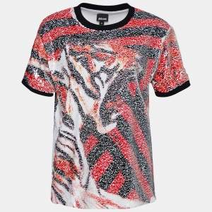 Roberto Cavalli Multicolor Animal Pattern Sequined Crew Neck Top M