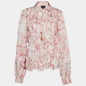 Just Cavalli Pink Printed Satin Silk Ruffle Shirt L