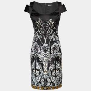 Pre Owned Just Cavalli Black Printed Satin Cutout Off Shoulder Mini Dress S