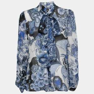 Just Cavalli Blue Floral Printed Chiffon Tie-Neck Blouse L