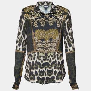 Pre Owned Just Cavalli Black Printed Satin Button Front Shirt M