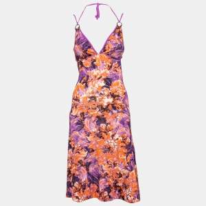 Just Cavalli Purple Floral Print Jersey Cut Out Detail Halter Neck Dress M