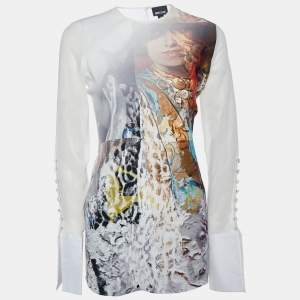Just Cavalli White Printed Crepe & Chiffon Long Sleeve Top S