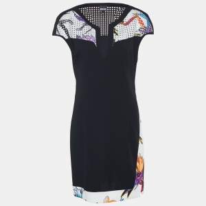 Just Cavalli Black Crepe Contrast perforated Detail Sleeveless Mini Dress L