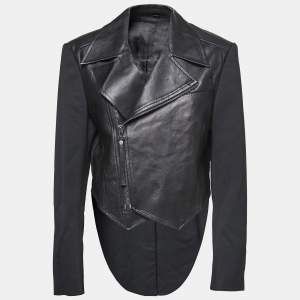Just Cavalli Black Leather and Wool Blend Biker and Tail Coat Hybrid Jacket L