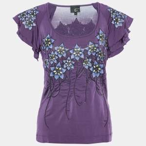 Just cavalli Purple Floral Embossed Jersey Ruffle Sleeve Top M
