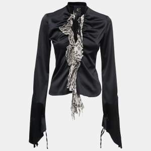 Just Cavalli Black Satin Ruffle Trim Detail Top S